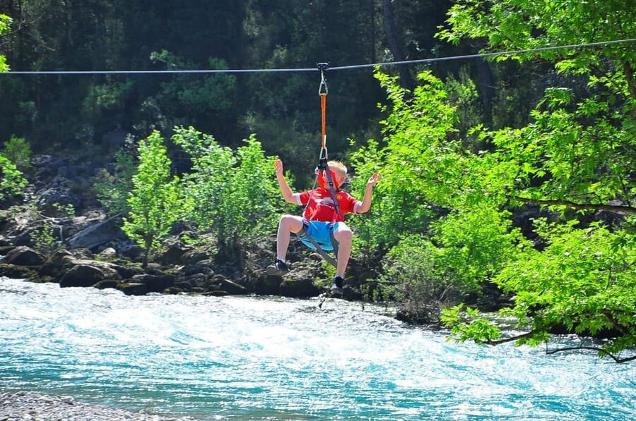 Rafting, Buggy or Quad, Zipline, Canyoning (4 in 1) Tour - Ziplining across Köprülü Canyon
